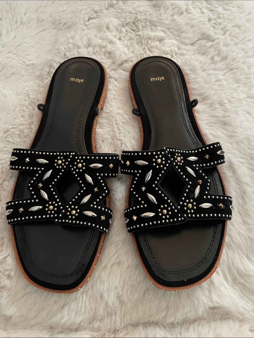Maje Black Studded Velvet Slide Sandals 38/ 7.5